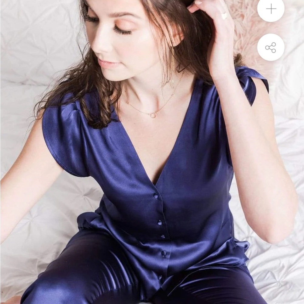 More Sunday Silk Button Up Top Blouse - Royal Blueberry - Medium